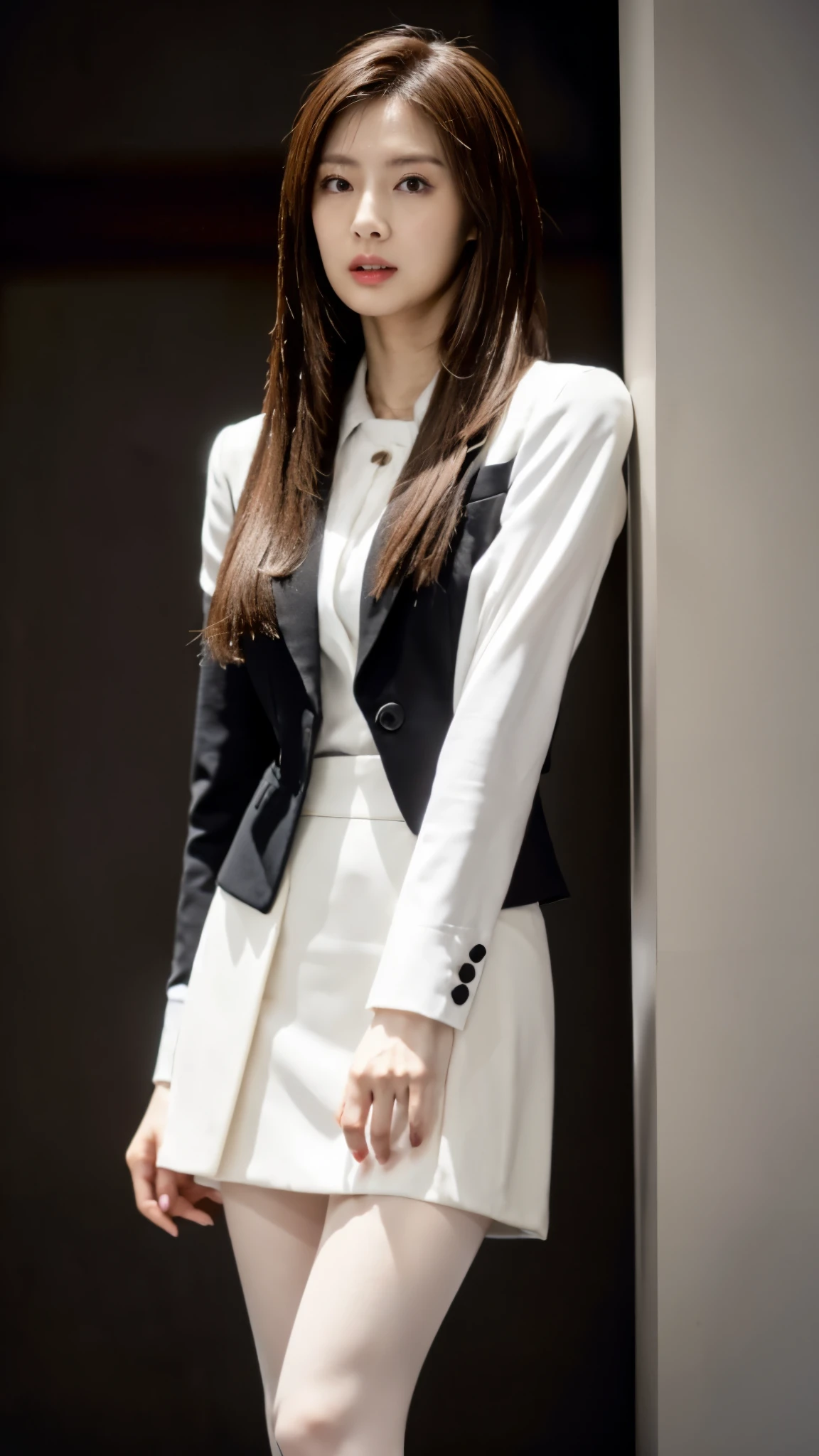 Japanese woman wearing a black suit and white shirt, Wearing a strict tight mini skirt、 Wear a business jacket, 8k, (Semi-long hair:1.3), (Light brown hair:1.3), Wear high heels、Wearing thin black tights、high waist、Low - Angle、The background is gray、