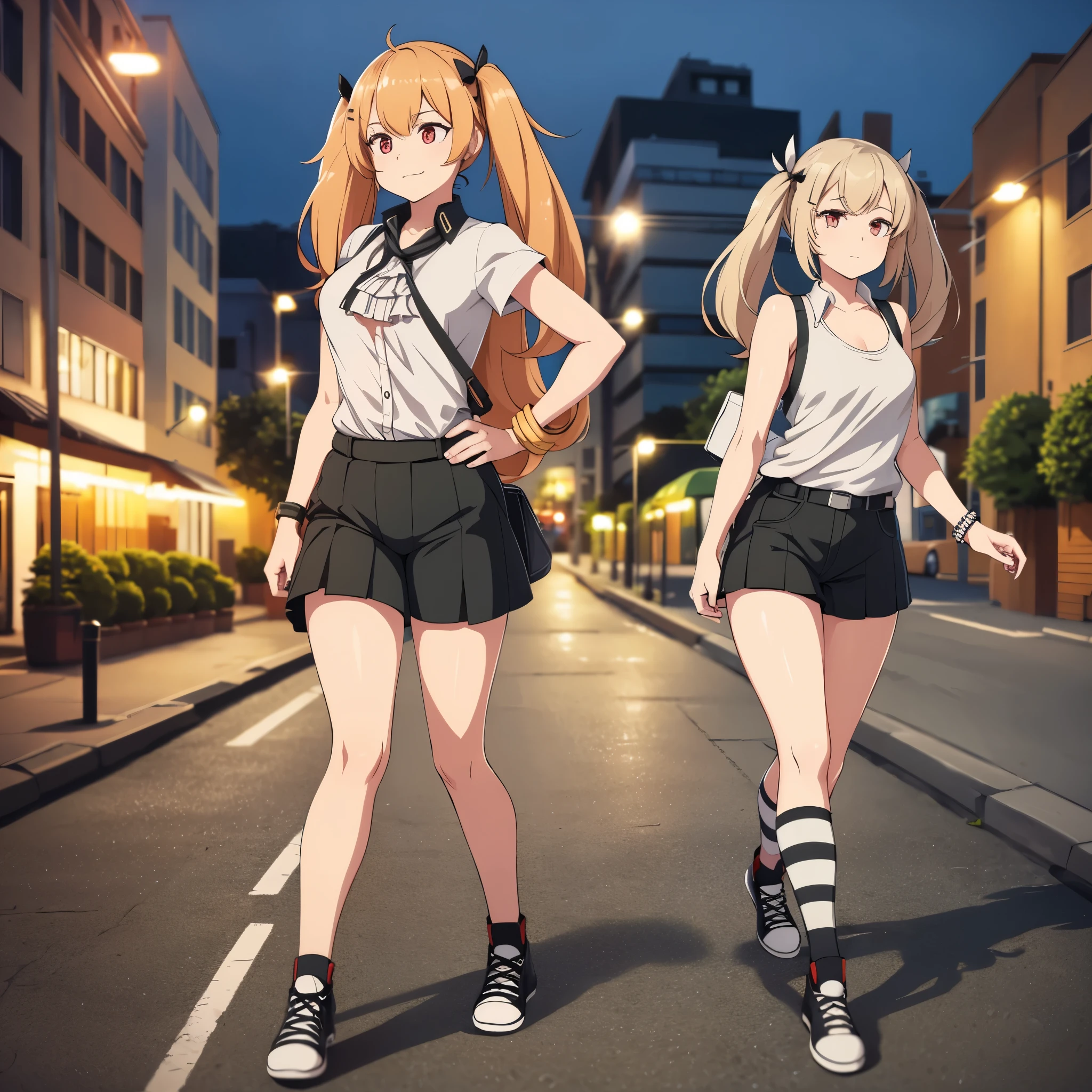 A woman wearing a casual white shirt, wearing cargo shorts, gray bracelet on her arm, light orange eyes, light orange hair, pigtails, wearing casual sneakers, walking on a sidewalk in a city at night, a bright place, smiling. full body (azur lane_yorktown). shadow, flower, UHD, masterpiece, accurate, anatomically correct, textured skin, super detail, high quality, best quality, 8k, high resolution, bokeh effect. (solo woman)
