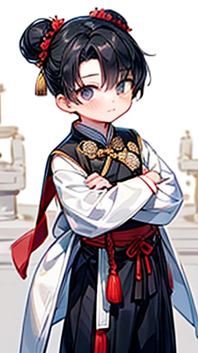 Three Kingdoms、Boy in ancient Chinese costume、Intelligent boy、Looking into the camera、There is a topknot on the head、Long sleeves、Hanfu、Black Hair、Standing and posing with arms crossed