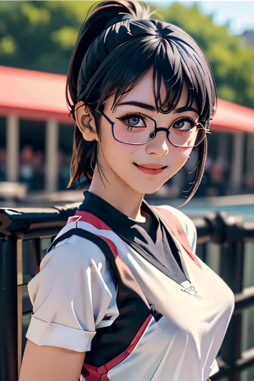 Sports competitionsの日、Sports competitions、gallery、Students cheering、女子100 m競走、((highest quality:1.4、8k、32k、Hmph:1.3))、(An unparalleled masterpiece)、((RAW Photos、realism:1.6))、Japanese Girls、Outdoor,playground,Schoolyard,Schoolyard,(physical education:1.3),(Per class:1.3)Girl smiling at the camera、Dynamic pose、(Sports competitionsの日、100 m走、running)、Dynamic Angle、School gym clothes、Bloomers、(Huge breasts:0.5、thin abdomen、The lower body is thin)、Ulzzang-6500-v1.1、age Girls、Highly detailed face、Fine grain、Round face、Baby Face、Detailed Iris、double eyelid、(((Glasses、Long black hair、High up ponytail)))、Photon Mapping、Detailed skin texture、100 m,From head to toe:1.5,