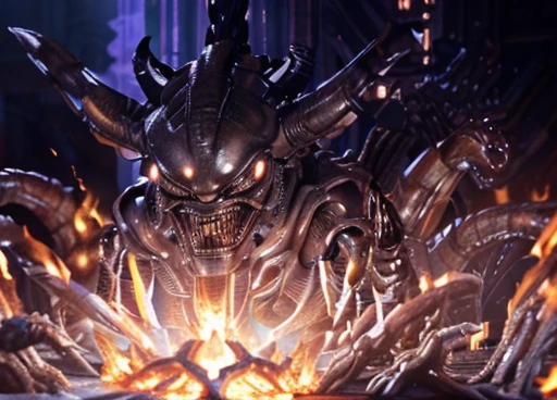 An alien demon god rising from a temple of flames, a masterpiece, best quality, (extremely detailed CG unity 8k wallpaper), (best quality), (best illustration), (best shadow), realistic lighting, (Abyss), beautiful detailed glow, art by HR Giger, infernal alien demon, thick exoskeleton, steam, gleaming exoskeleton, lighting from below