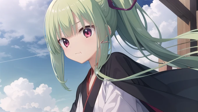 ((masterpiece)),(best quality),Official Art,Extremely detailed CG,Unity 8k Wallpaper,Super detailed,Beautiful and delicate eyes,Extremely detailed face,1 girl,solitary,,(whole body:1.5),(small:1.3),,,Murasame,Very long hair,Green Hair,Face Up,Purple bow,hairpin,Side chains,Bangs,Red Eyes,Neck strap,Red belt,Elegant and beautiful，Long sleeves hanfu，Wearing Hanfu，Gentle as a poem，Long Ponytail，Wandering in the blue sky with the wind，A cloud fell in front of me，Shape it into your own，Follow me with the wind，Eat away the sorrow bite by bite。