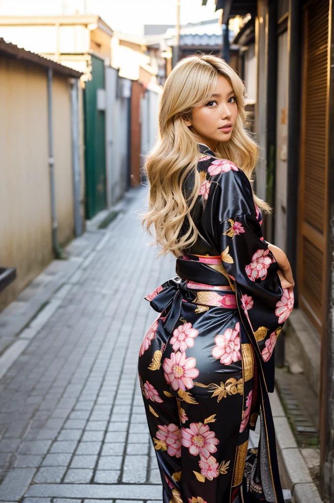 Ass, gyaru, dark-skinned, shiny oiled skin, blond hair, wearing japanese kimono, standing on alley , morning, deep fog, sunshine light, close up shot