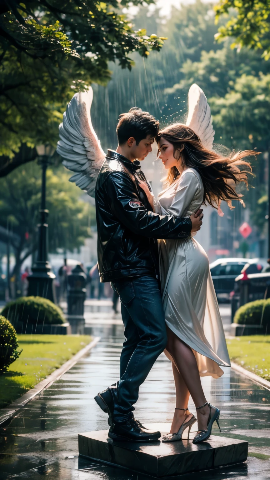 best quality, masterpiece, 8K, HD, goregeous 25 year old couple, wearing casual clothes, dancing in pouring rain, in a park, stone angel statue in the background, vibrant colors, side view, zoomed out, highly detailed, perfection