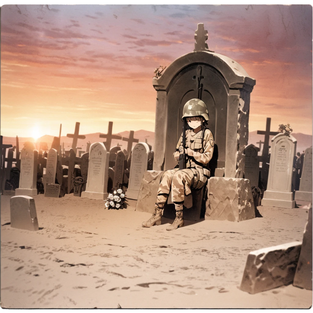 High quality, high definition images, full HD、8k.1 girl Short chestnut hair wearing combat uniform Wear a helmet deeply, holding a rifle,desert camouflage,sunset background,Many old gravestones made of wood,wide field,A helmet is hung on the gravestone.Red roses line the gravestone、many soldiers praying、in front of the tombstone Sitting and praying, rose close-up