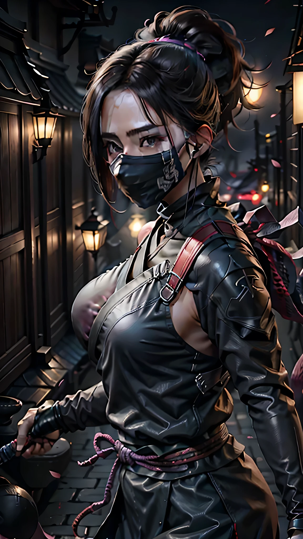 Highest quality、4k,8k,High quality、Ninja、female、Black Mask、