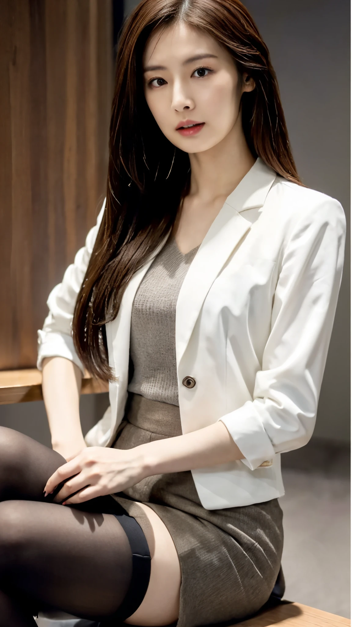 Japanese woman wearing a black suit and white shirt, Wearing a strict tight mini skirt、 Wear a business jacket, 8k, (Semi-long hair:1.3), (Light brown hair:1.3), Wear high heels、Wearing thin black tights、high waist、Low - Angle、The background is gray、