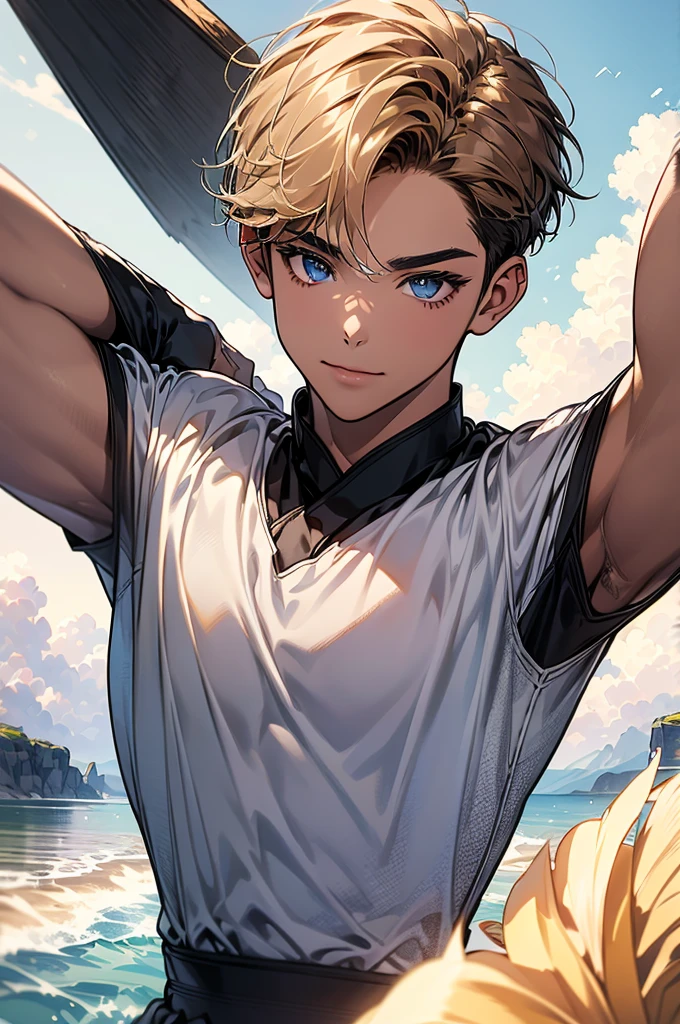 (in 8K、top-quality、masterpiece:1.2)、1 boy、short-haired、Hair short、Brown-skinned、red view、