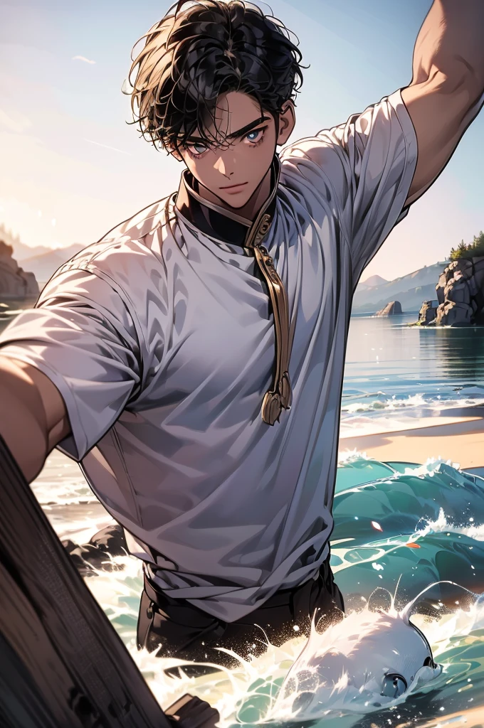 (in 8K、top-quality、​masterpiece:1.2)、1 boy、short-haired、Hair short、Brown-skinned、red view、