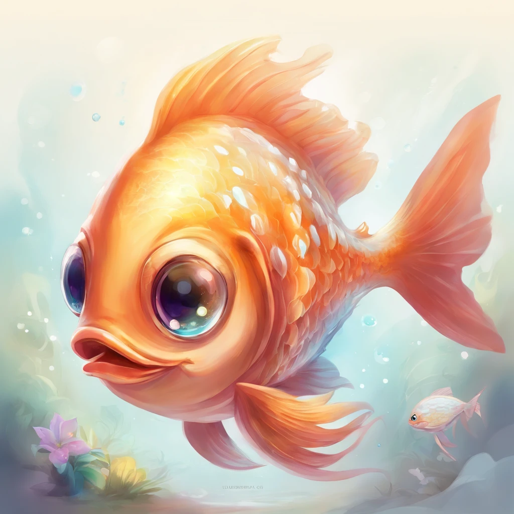 A cute little fish，Big round eyes，Contagious smile with various expressions and white background