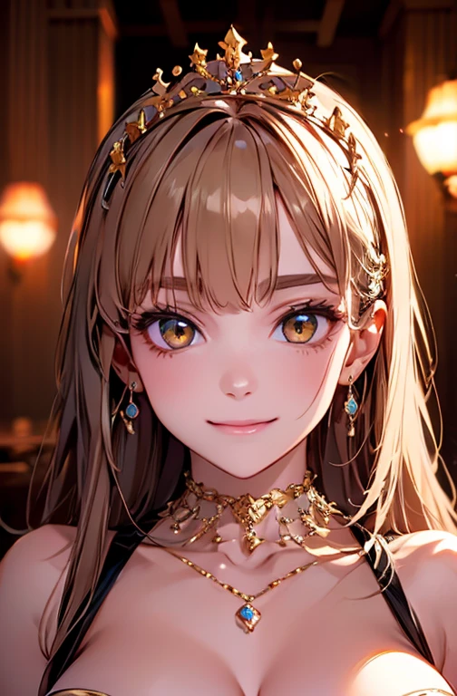 Princess , in castle, high quality, super quality, (detailed face:1.4) ,beautiful woman , golden eyes, long blonde hair , tight gorgeous dress, tiara, necklace , earring , sharpe eyebrow , beautiful bangs are covering her eyes , huge breast  ,upper body  , smile 