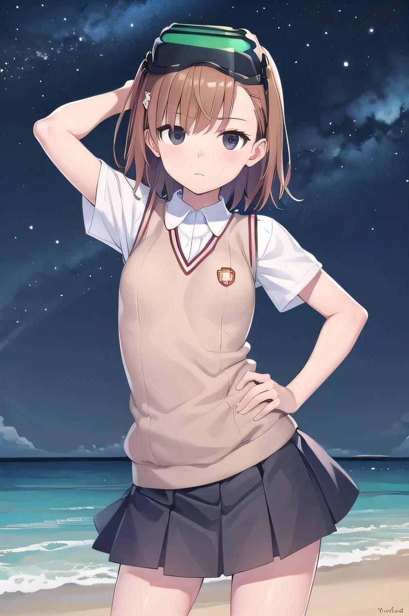 short hair, brown hair, black eyes, empty eyes, goggles, goggles on head, head-mounted display, , sweater vest, shirt, skirt, white shirt, pleated skirt, v-neck, short sleeves, tokiwadai , misaka imouto, solo, night sky, beach, arm behind head, hand on hip, contrapposto, spread armpits, closed mouth, (cowboy shot:1.5), looking at viewer, best quality,