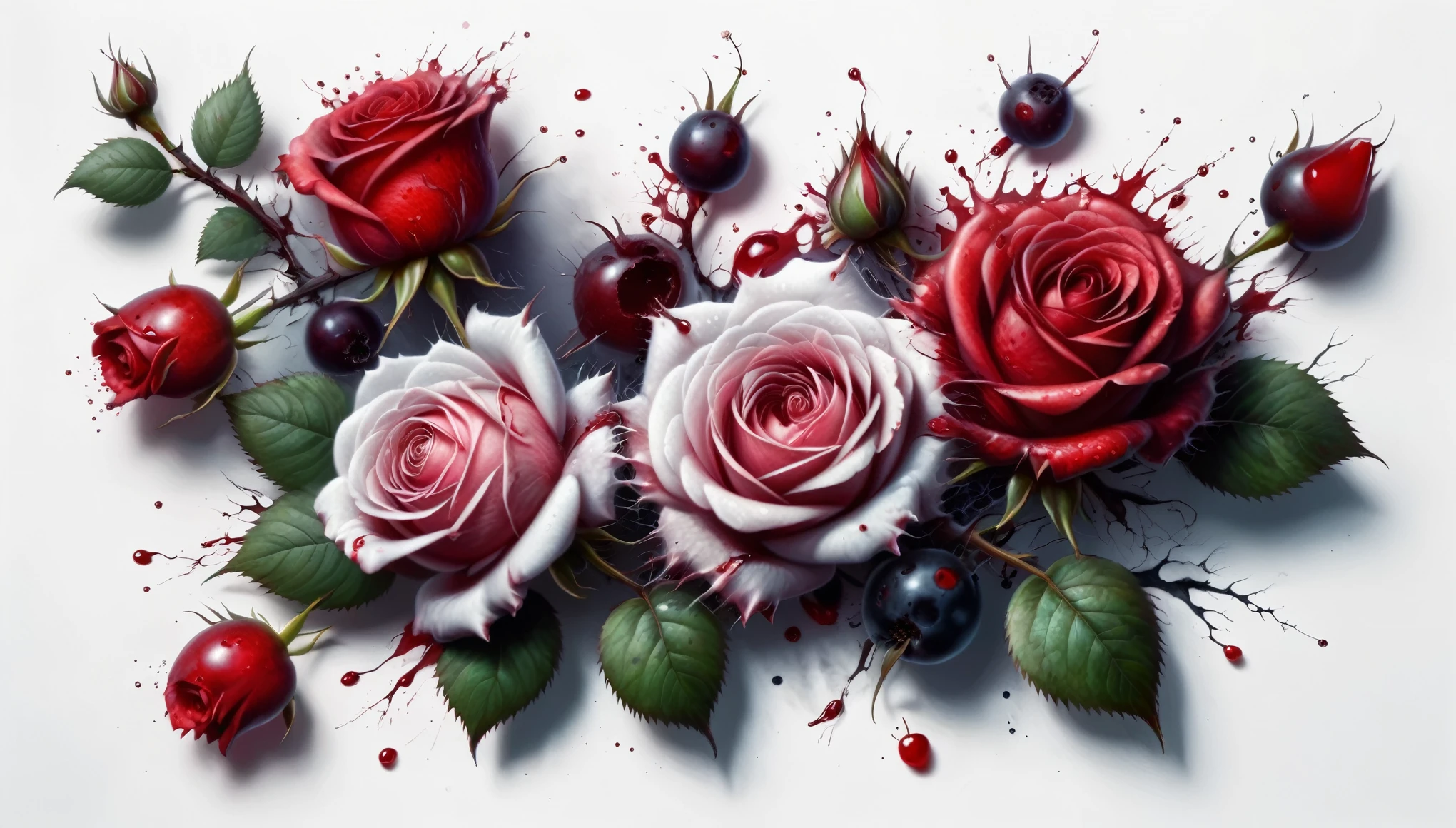 a painting of roses and berries on a white background, character design : : gothic, rose tattoo, there is one cherry, gory, illusion painting hidden image, only red colour, close up guns and roses, has blood