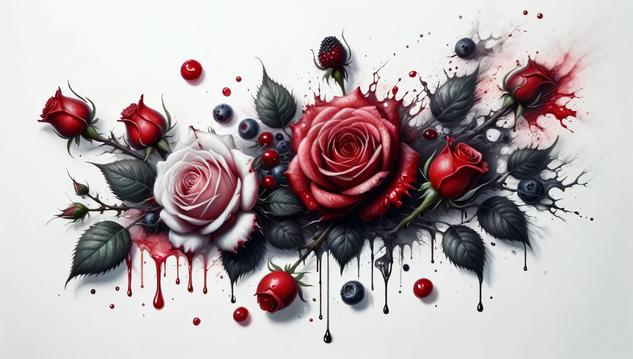 a painting of roses and berries on a white background, character design : : gothic, rose tattoo, there is one cherry, gory, illusion painting hidden image, only red colour, close up guns and roses, has blood