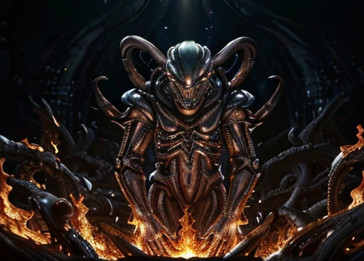 An alien demon god rising from a sea of flames, a masterpiece, best quality, (extremely detailed CG unity 8k wallpaper), (best quality), (best illustration), (best shadow), realistic lighting, (Abyss), beautiful detailed glow, art by HR Giger, infernal alien demon, thick exoskeleton, steam, gleaming exoskeleton, lighting from below