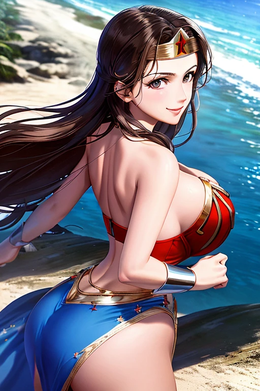 masterpiece, best quality, beautiful art, high resolution, well formed hands, body and fingers, 1 woman, solo, wonder woman Lynda Carter,  tiara , long hair,, adult, big breasted, cleavage, full body, sexy and skimpy outfit , gorgeous legs and thighs , dancing seductively and erotically, turning backwards and forwards, showing her back and front, showing her butt,  bikini thong, smiling joyfully, looking at the viewer, flirting, beach environment 