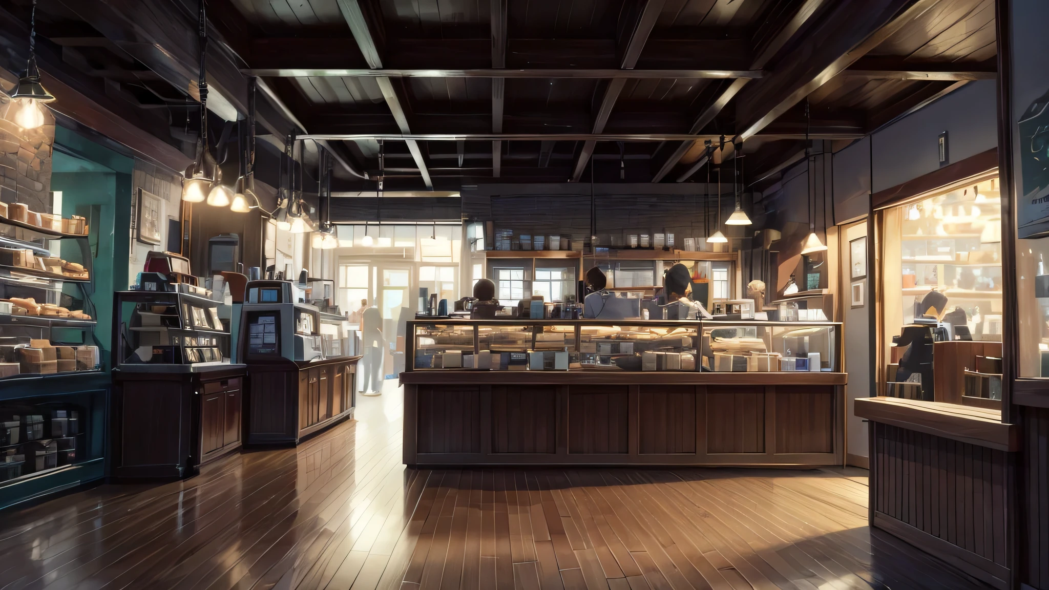 A magical scene of a small coffee shop on a rainy afternoon, capturada por Makoto Shinkai, Soft color palette that enhances the atmosphere, lofi music adding a unique sound layer, atmosphere of serenity and conviviality (melhor qualidade), 8k resolution), (ultra highres).