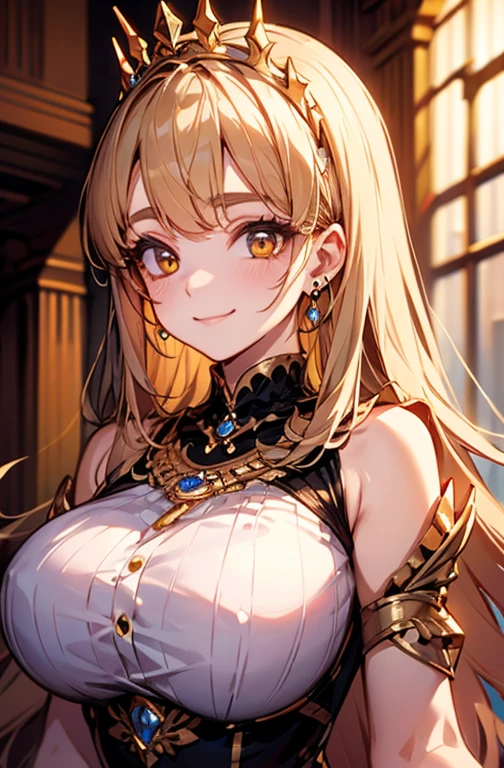 Princess , in castle, high quality, super quality, (detailed face:1.4) ,beautiful woman , golden eyes, long blonde hair , gorgeous dress, tiara, necklace , earring , sharpe eyebrow , beautiful bangs are covering her eyes , (big breast:1.5)  ,upper body  ,slender , smile 