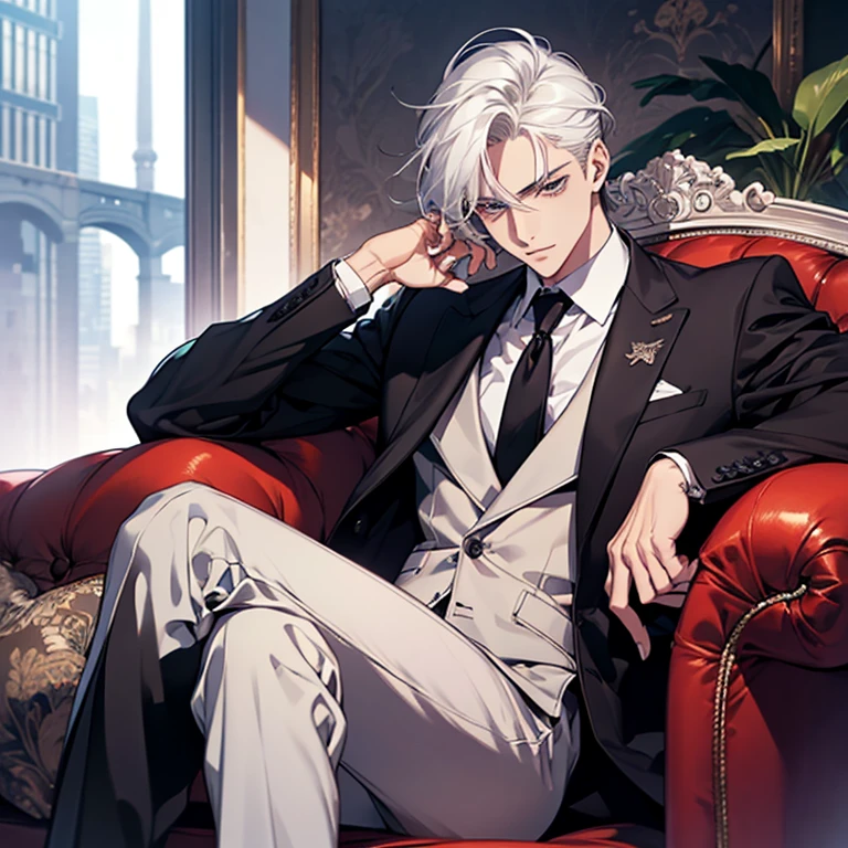 A cool and handsome CEO man about 21 years old, cold gaze, white hair, mullet hairstyle, wearing black suit, an executive man, the backgound is he sitting on single sofa, sexy man, side angle
