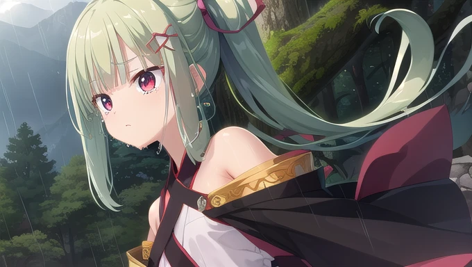 ((masterpiece)),(best quality),Official Art,Extremely detailed CG,Unity 8k Wallpaper,Super detailed,Beautiful and delicate eyes,Extremely detailed face,1 girl,solitary,,(whole body:1.5),(small:1.3),,,Murasame,Very long hair,Green Hair,Face Up,Purple bow,hairpin,Side chains,Bangs,Red Eyes,Neck strap,Red belt,Elegant and beautiful，Long sleeves hanfu，Wearing Hanfu，Gentle as a poem，Long Ponytail，I heard the sound of tears and went into the forest to look for pear blossoms. I only saw a line of moss. The sky was beyond the mountains. Rain fell on the flower platform. My temples were gray. 