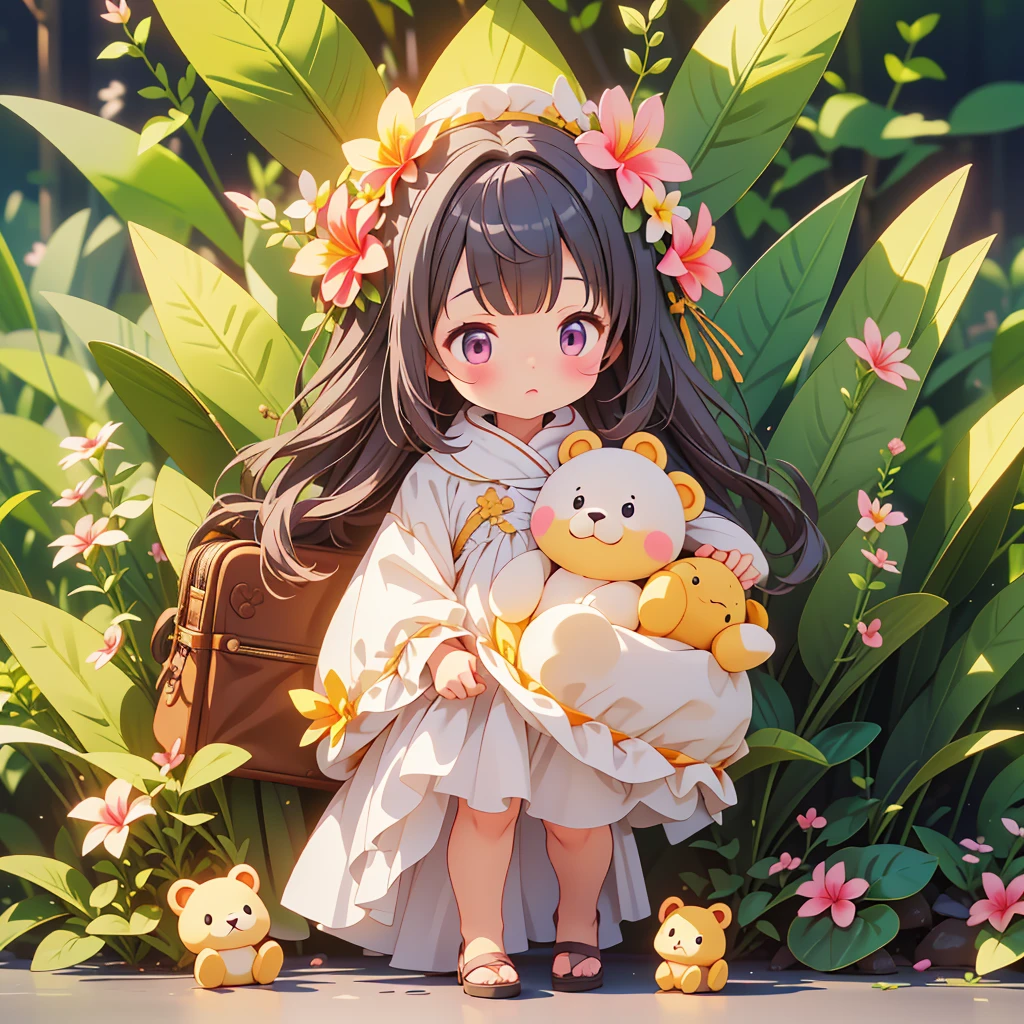 highest quality、Masterpiece、Official Art、The best composition、The best light source、、cute、A baby icostume is carrying a large stuffed toy that seems heavy、The way they try their best is very cute.、Fractal art with plumeria flowers、