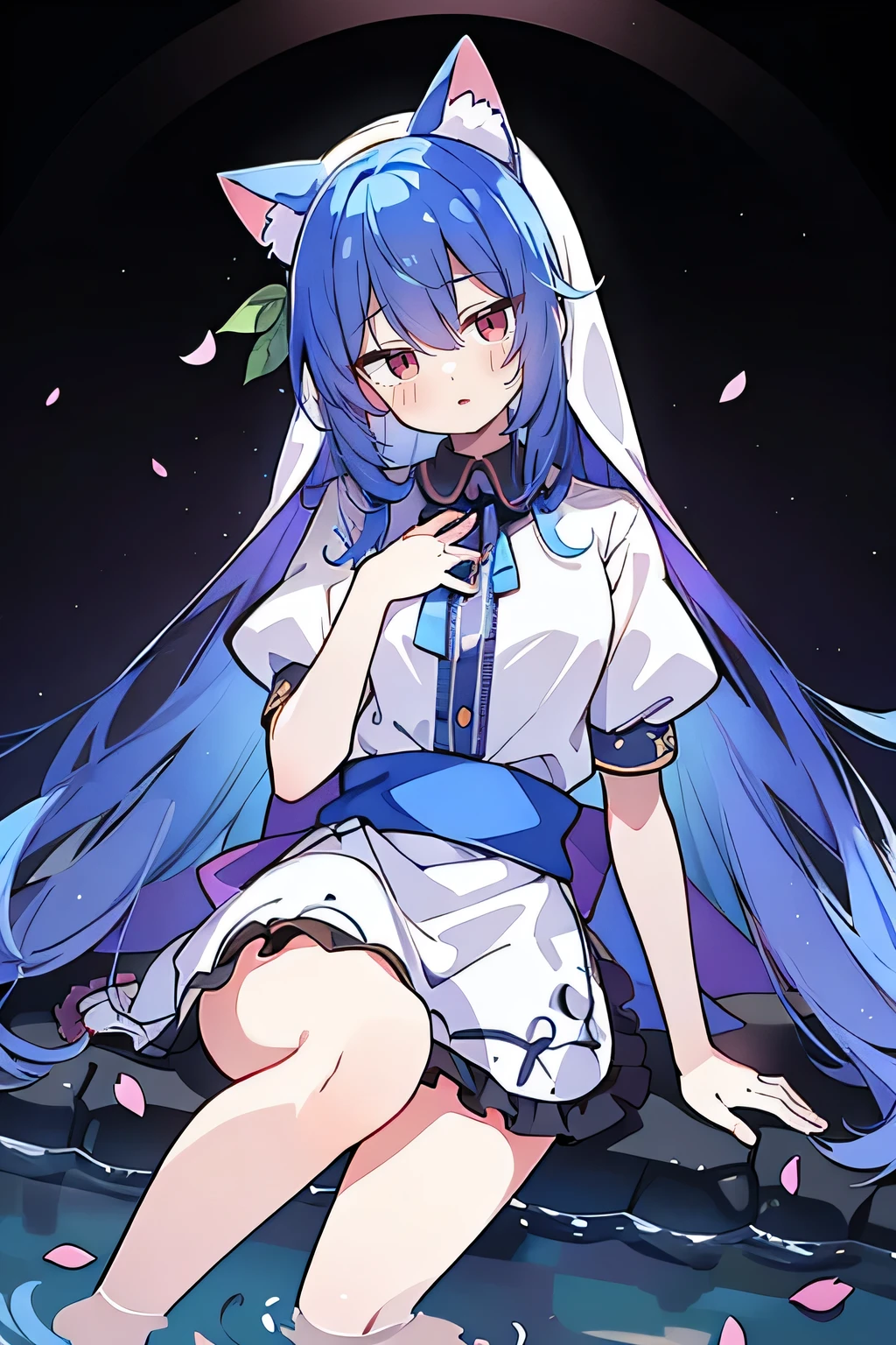 (masterpiece:1.2),Extremely detailed,Practical,expressive eyes,Fair skin,Perfect face shaping,1 Girl,
Japanese cartoons,Gorgeous blue hair, the long flowing blue hair,Floating clothes,Cat ears,Petals fall,beautiful lola,Young Angel,
Place your hands on your waist,sit elegantly on the ground,Cross your legs,Gentle and peaceful background,stately church,nun,lie on the water.