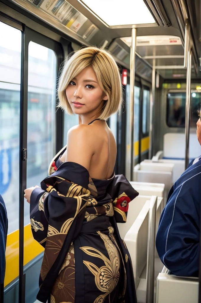 Ass, gyaru, dark-skinned, shiny oiled skin, blond hair, short cut hair, wearing japanese kimono, standing in the train , sunshine, deep fog