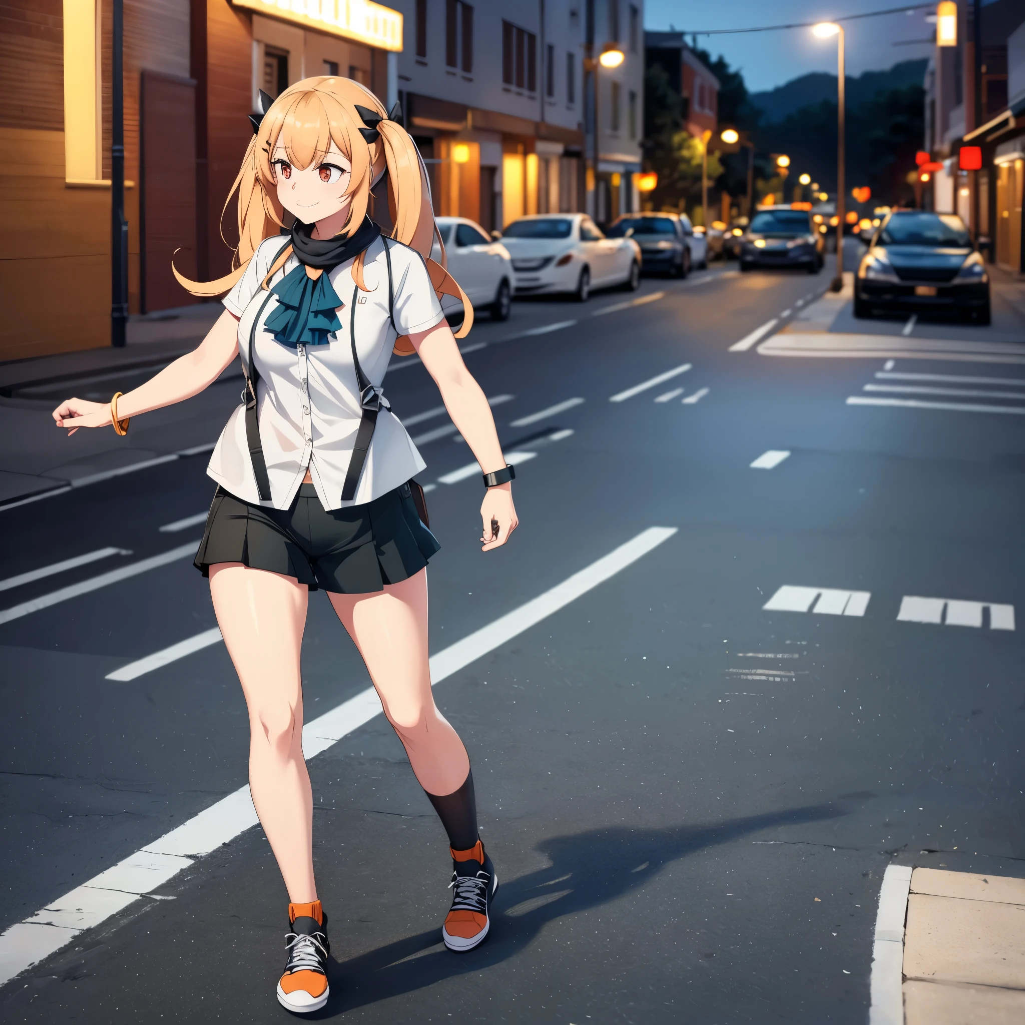 
A woman wearing a casual white shirt, wearing cargo shorts, gray bracelet on her arm, light orange eyes, light orange hair, pigtails, wearing casual sneakers, walking on a sidewalk in a city at night, a bright place, smiling. full body (azur lane_yorktown). shadow, flower, UHD, masterpiece, accurate, anatomically correct, textured skin, super detail, high quality, best quality, 8k, high resolution, bokeh effect. (solo woman)(without duplicating character) ( just one character)


