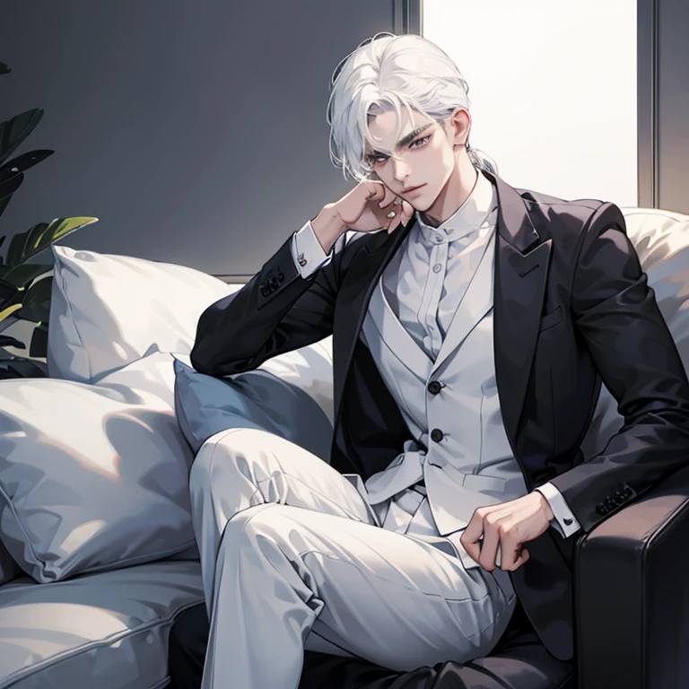 A cool and handsome CEO man about 21 years old, cold gaze, white hair, mullet hairstyle, wearing black suit, an executive man, the backgound is he sitting on single sofa, sexy man, side angle