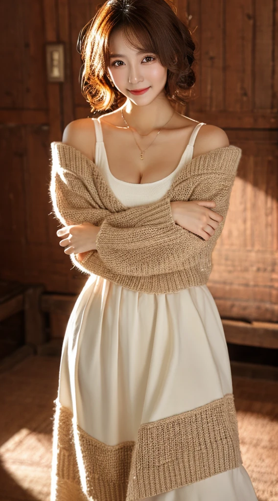 (masterpiece:1.3), (8k, Photorealistic, Raw photo, Best image quality: 1.4), Japanese 、(Random Hairstyles:1.2)、Cleavage:1.2、Super detailed face、Attention to detail、double eyelid、Put your chest together、Sharp focus:1.2、Beautiful woman:1.4、Light brown hair、highest quality、masterpiece、超A high resolution、(Photorealistic:1.4)、Highly detailed and professionally lit smile、Loose, lightweight knitwear、Shoulders out、thin、Serious expression、Short-haired、Deadly position