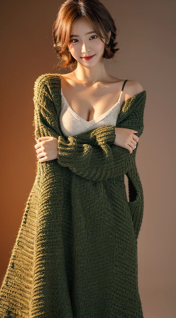 (masterpiece:1.3), (8k, Photorealistic, Raw photo, Best image quality: 1.4), Japanese 、(Random Hairstyles:1.2)、Cleavage:1.2、Super detailed face、Attention to detail、double eyelid、Put your chest together、Sharp focus:1.2、Beautiful woman:1.4、Light brown hair、highest quality、masterpiece、超A high resolution、(Photorealistic:1.4)、Highly detailed and professionally lit smile、Loose, lightweight knitwear、Shoulders out、thin、Serious expression、Short-haired、Deadly position