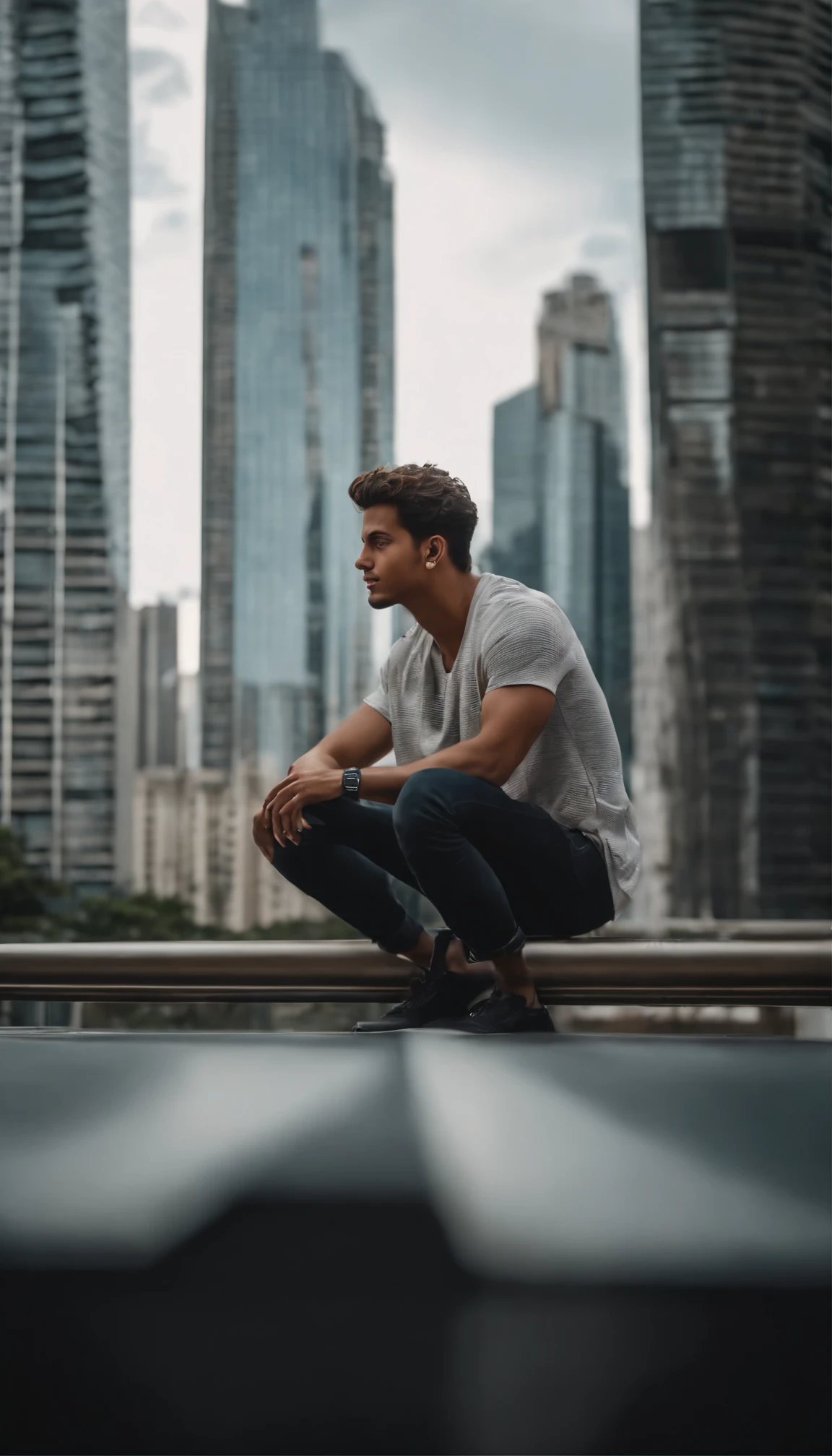 Extremely realistic detailed, high-quality ultra wide angle lens photography, from a Brazilian fashion style boy, modern style seated on the edge of skyscrapers, we can see him from bottom, low angle