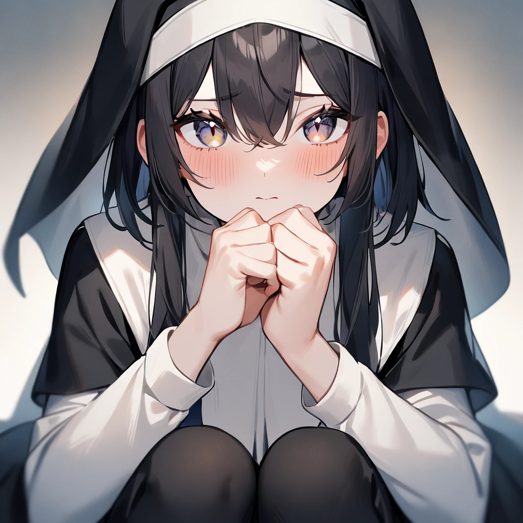 masterpiece, best quality, very aesthetic, absurdres, 1girl, mature_lady,nun_clothes,black_and_white_clothes, nun_headcovering crucifix, praying, interlocked fingers,closed_eyes,tears_in_eyes, head down,holy_light ,bathed in divine light,,tifa lockhart, final fantasy, long black hair, red eyes,,Cyberpunk City, Street, Night, neon light, neon sign,,blur background,background defocus,covered_nipples