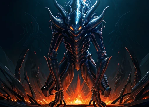 An alien demon beast rising from a sea of flames, a masterpiece, best quality, (extremely detailed CG unity 8k wallpaper), (best quality), (best illustration), (best shadow), realistic lighting, (Abyss), beautiful detailed glow, art by HR Giger, infernal alien demon, thick exoskeleton, steam, gleaming exoskeleton, lighting from below, slime, liquid, animalistic maw, insect-like