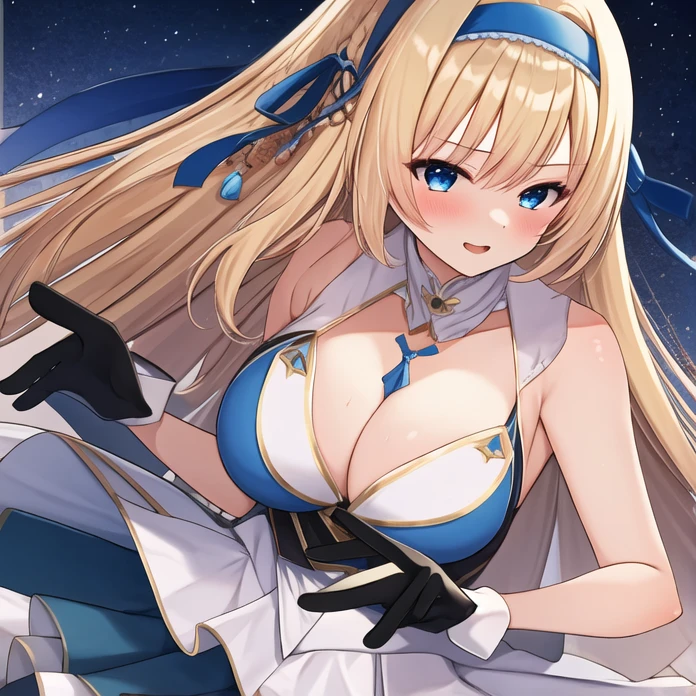 (masterpiece, best quality:1.2), 1girl, solo, blond hair, blue hairband, blue hair ribbon on the left, white-blue breast, black gloves, knight skirt, Solid color background