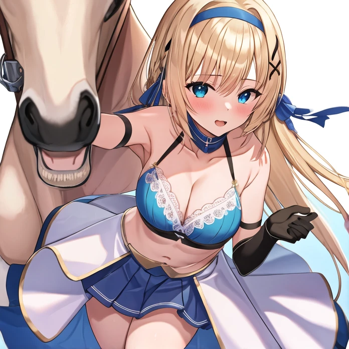 (masterpiece, best quality:1.2), 1girl, solo, blond hair, blue hairband, blue hair ribbon on the left, white-blue bra, black gloves, knight skirt, Solid color background