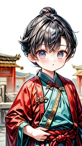 Three Kingdoms、Boy in ancient Chinese costume、Intelligent boy、Looking into the camera、There is a topknot on the head.、Hanfu、Black Hair、Standing and posing with arms crossed