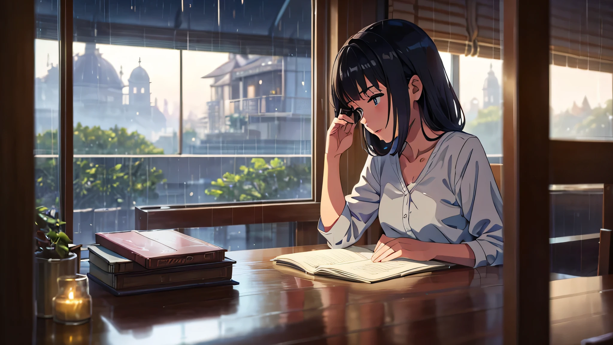 A magical scene of a girl studying on a rainy afternoon, perto da janela do quarto, capturada por Makoto Shinkai, Soft color palette that enhances the atmosphere, lofi music adding a unique sound layer, atmosphere of serenity and conviviality (melhor qualidade), 8k resolution), (ultra highres).