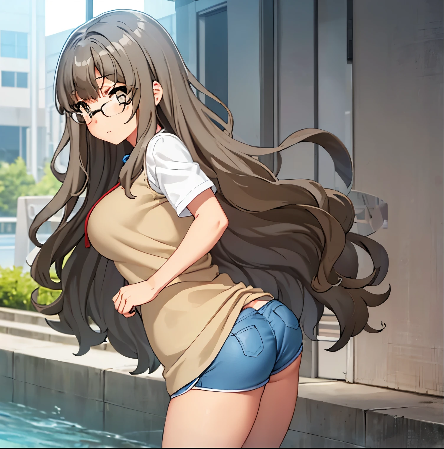 1 girl, alone, futaba river, masterpiece, best quality, realistic, (facing viewer: 1.2), front, point of view (from below), exterior, city, street, standing, detailed background, heavy breathing, nose blushing, (cheerful: 1.1), long hair, brown hair, brown eyes, glasses, sexy body, huge breasts, medium waist, wide hips, medium thighs, round butt, (tight beige blouse:1.4), short sleeves, neckline with bare shoulders, exposed waist, (blue shorts: 1.4), brown shoes, perfect anatomy, perfect hands