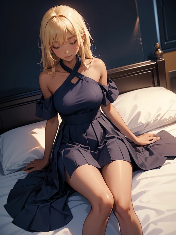 A perfect depiction of beautiful hands and fingers(Increase contrast)、(Increase saturation)、(25歳のDark Skinの女性、stare、Dark Skin)、(((Dark Skin、Brown Skin)))Beautiful woman with perfect figure、Embarrassed face、((((Blonde shoulder-length hair))))(((Navy Blue Skirt、Ultra mini length))))Super big boobs、Narrow waist、Long legs、(((Bedroom、On the bed、sleep、put one's head on the pillow、Spread your legs)))(((Full body from above)))(((Black Skin、Black Skin、Super big 、Upper body naked、nude、Nipples)))