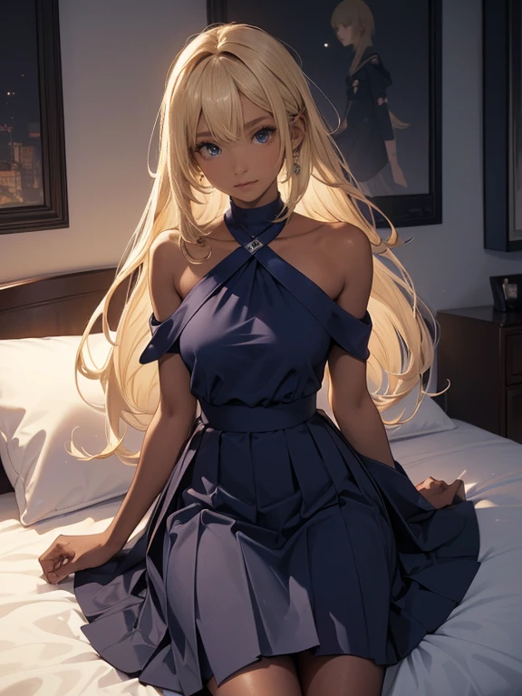 A perfect depiction of beautiful hands and fingers(Increase contrast)、(Increase saturation)、(25歳のDark Skinの女性、stare、Dark Skin)、(((Dark Skin、Brown Skin)))Beautiful woman with perfect figure、Embarrassed face、((((Blonde shoulder-length hair))))(((Navy Blue Skirt、Ultra mini length))))Super big boobs、Narrow waist、Long legs、(((Bedroom、On the bed、sleep、put one's head on the pillow、Spread your legs)))(((Full body from above)))(((Black Skin、Black Skin、Super big 、Upper body naked、nude、Nipples)))