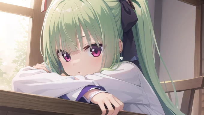 ((masterpiece)),(best quality),Official Art,Extremely detailed CG,Unity 8k Wallpaper,Super detailed,Beautiful and delicate eyes,Extremely detailed face,1 girl,solitary,,(whole body:1.5),(small:1.3),,,Murasame,Very long hair,Green Hair,Face Up,Purple bow,hairpin,Side chains,Bangs,Red Eyes,Neck strap,Red belt,Elegant and beautiful，Long sleeves hanfu，Wearing Hanfu，Gentle as a poem，Long Ponytail，Youth belongs to confession, sunshine belongs to the windowsill, and I think I belong to a future with you.
