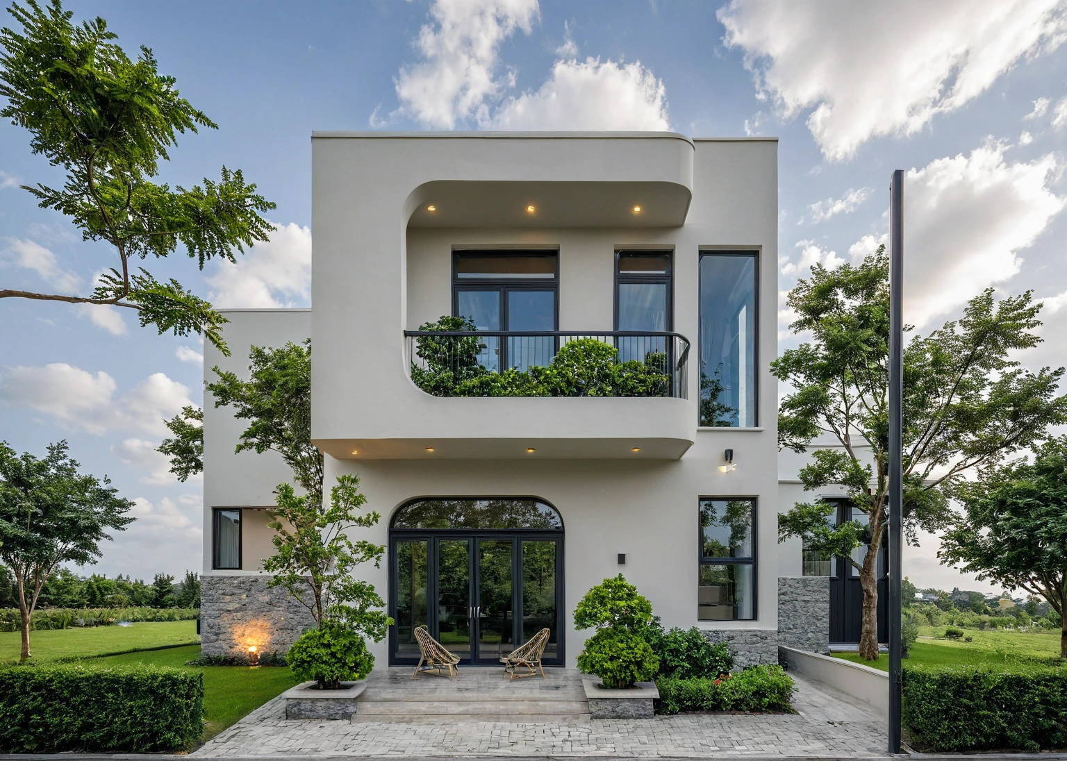 Masterpiece, high quality, best quality, authentic, super detail, outdoors, onestoreyvillaXL, aiaigroup, house style modern on the street ,stairs, white wall ,road,pavement, grass, trees, sky, cloud, (daylight:1.1)