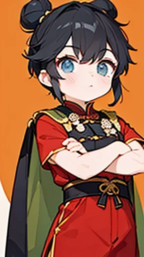 Three Kingdoms、Boy in ancient Chinese costume、Intelligent boy、Looking into the camera、There is a topknot on the head.、Hanfu、Black Hair、Standing and posing with arms crossed