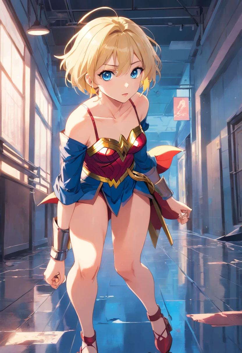 17 years old Women, ((Blonde)), ((Blue eyes)), ((Short hair)), ((Full shot)), very detailed makeup, pale pink lipstick, long earrings, bare shoulders, Dressed like a super sexy wonder woman, after a fight with a torn and dirty suit and her serious face, in a fighting pose, full length((Full Body)) ((wet floor))