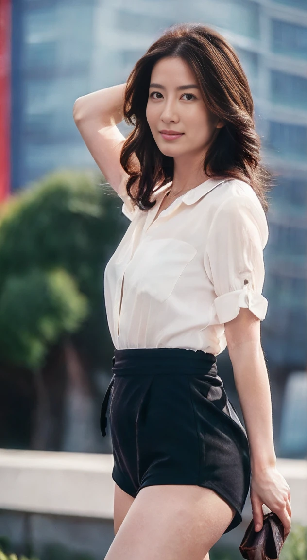 8k images, highest quality, masterpiece, Realistic, Realistic, High resolution, Large bust、Chestnut colored, large wavy shoulder length bob hair、Ray Tracing, 1 sexy woman, , Shapely breasts,,(((Japanese middle-aged woman))) , (View your viewers)、Show off your thighs、attractive、sexy、Spread your legs、The body was facing forward、A white shirt with a tight hem、Underwear is visible、Wearing a long skirt、I can see your pants