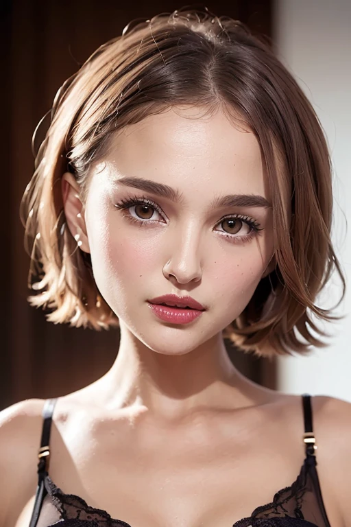 Beautiful woman、1 person,Very cute and slim、Excellent style 、((8k images、super high quality))、Very delicate face, Skin and Hair、Red lipstick、straggling hair,(((((short hair、Light brown hair、Blonde hair))))),Very cute cut face、Eyes and nose are clearly visible、Kind eyes,(((lingerie、Simple Background、Looking at the audience)))