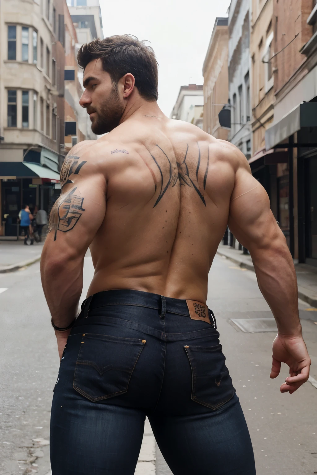 zeke_jaeger, full muscular body, street, hairy chest, ultra realistic, hairy arms, sweat, tattoos, ((Big butt)), gray jeans backside walking