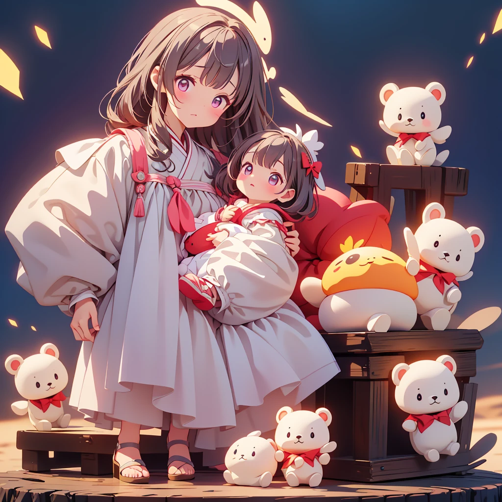 highest quality、Masterpiece、Official Art、The best composition、The best light source、、cute、A baby icostume is carrying a large stuffed toy that seems heavy、The way they try their best is very cute.、Glowing eyes、