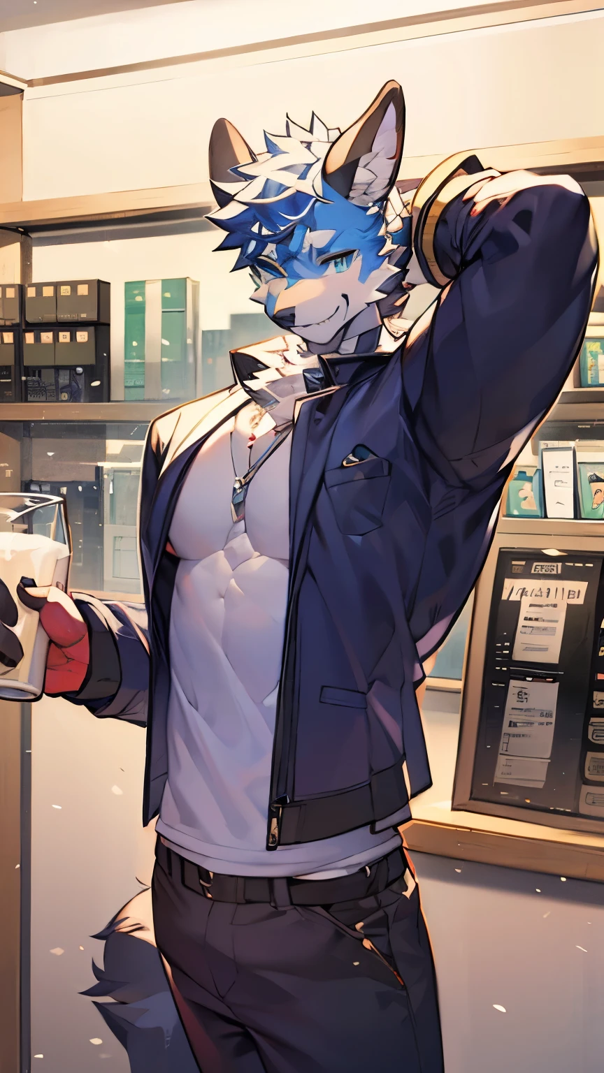 A white orc,There are some muscles,Wearing white short-sleeve,Dark blue shorts,Smile,Supermarket clerk,Wearing work clothes,Handsome